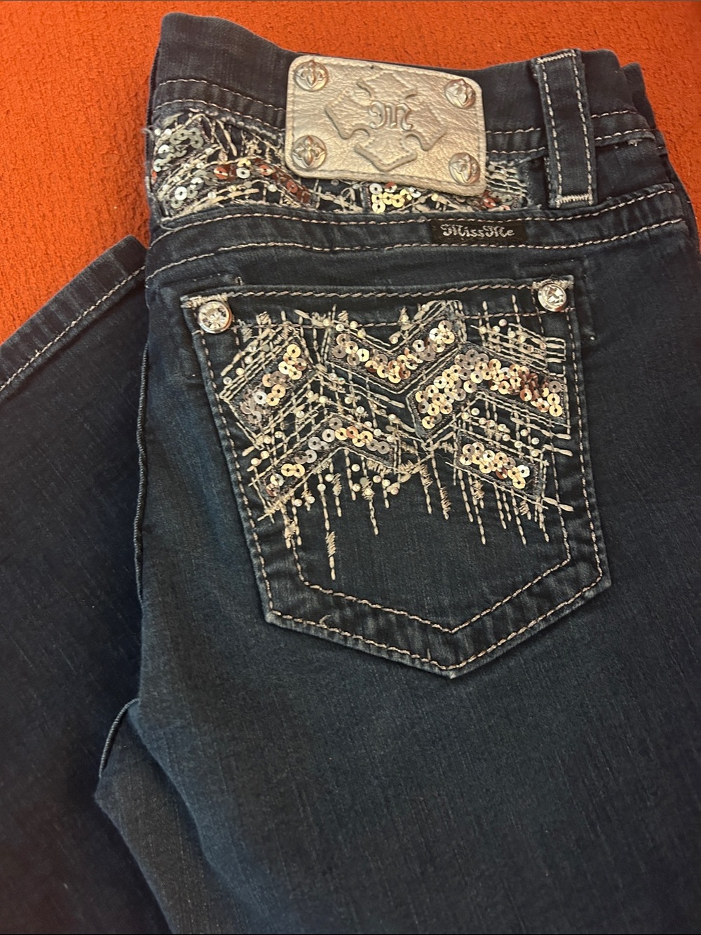 NWOT Miss Me Dark Blue Boot Cut Jeans with Silver Sequin Embellishment